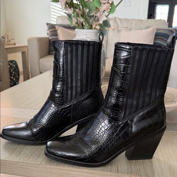 Halston Heritage Shoes - Halston Heritage Black Croc-Embossed Western Ankle Boots